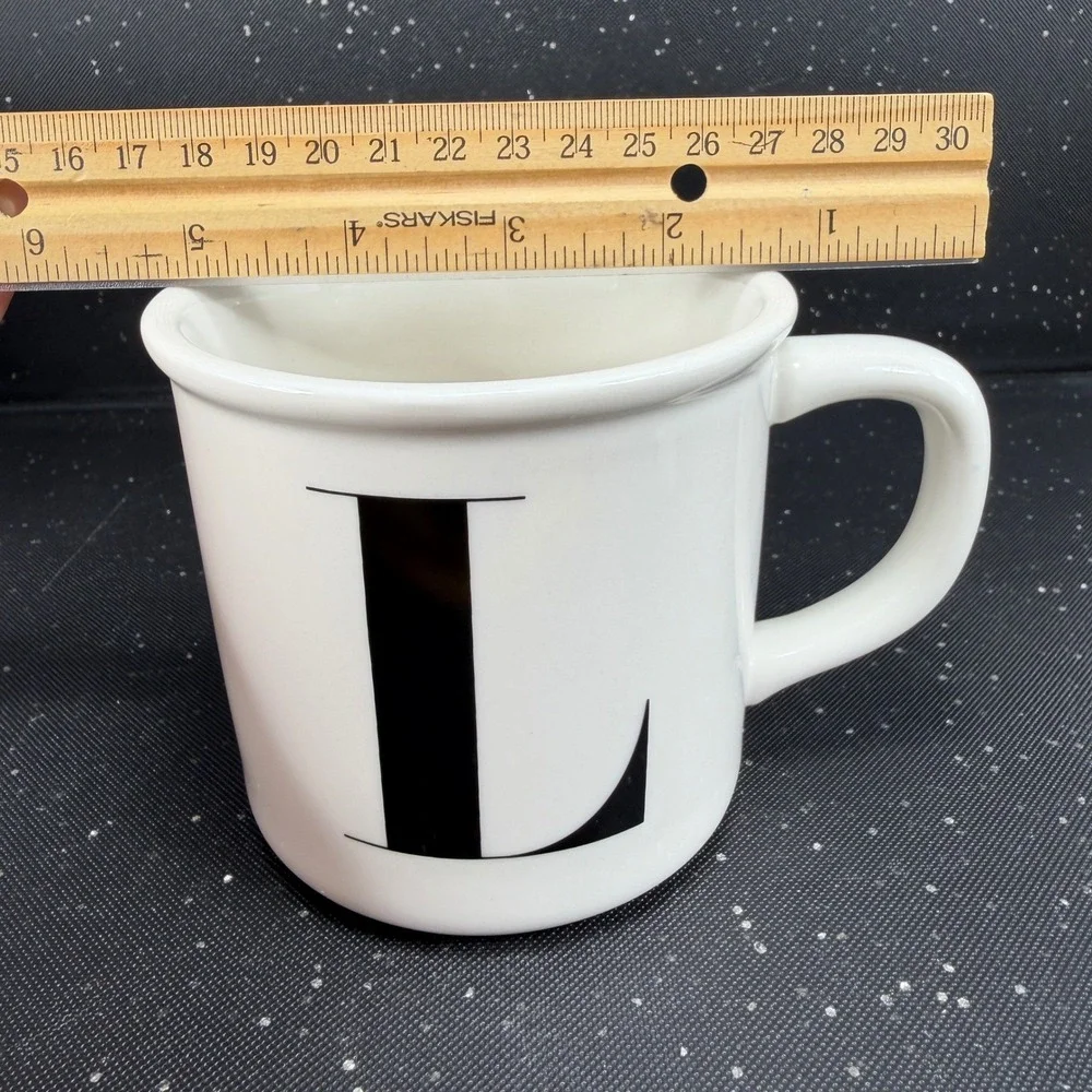 Pottery Barn Initial L Monogram Coffee Mug Cup White Black Stoneware 4in Tall